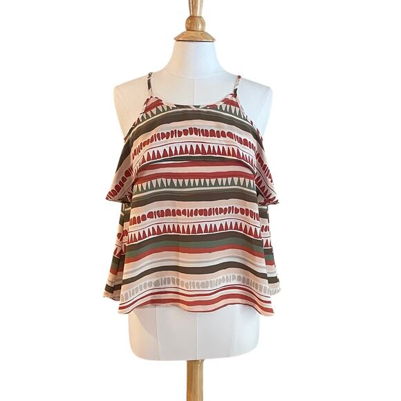 LOFT Ruffle Camisole in Autumn Colors, Burnt Orange, Olive, Ivory, Striped, S - Picture 1 of 11